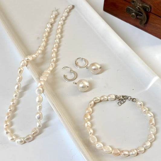 Tumble Pearl Combo Set – Necklace, Bracelet & Silver Hoop | CherishBox