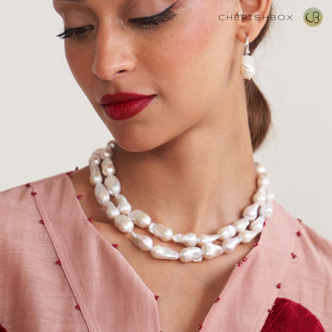 Two-Layered Contemporary Baroque Pearl Necklace in Natural White - CherishBox