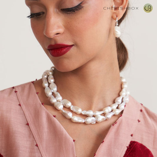 Two-Layered Contemporary Baroque Pearl Necklace in Natural White - CherishBox