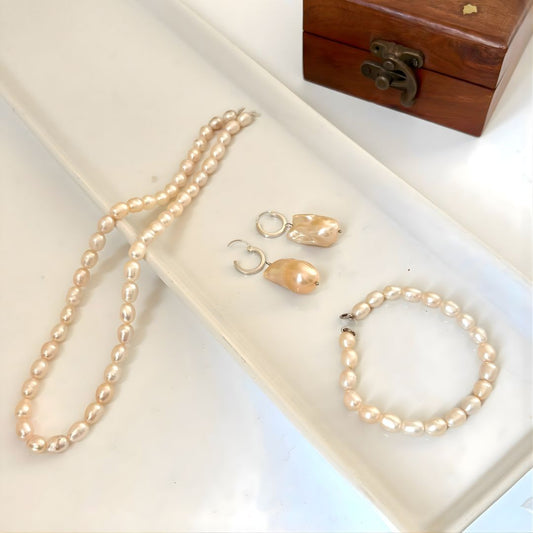 Unshaped Beauty - The Oval Pearl Combo Set | Necklace, Bracelet & Baroque Pearl Hoops | CherishBox