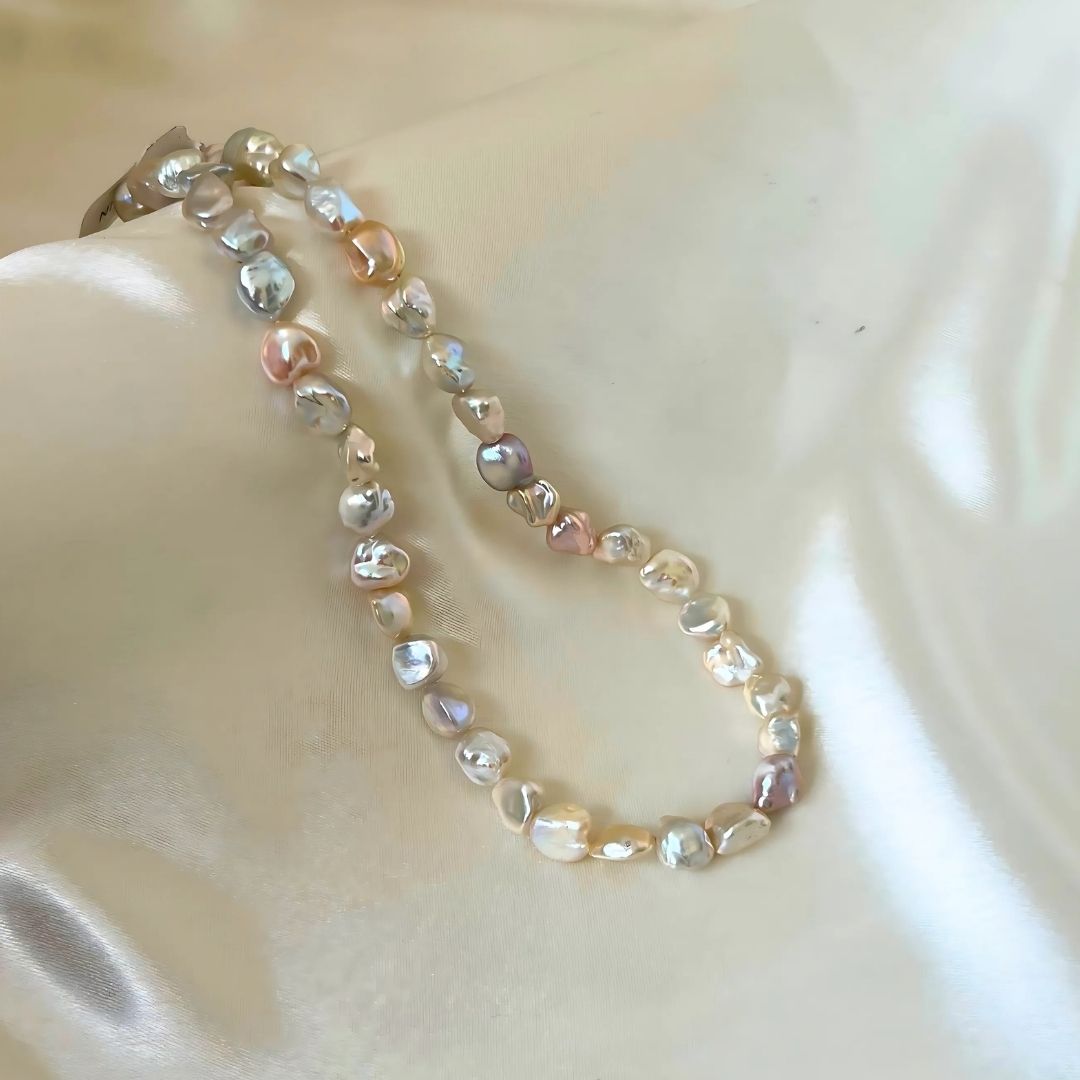 Unshaped Pearl Necklace in Iridescent Pastel Shades in 925 Sterling Silver Clasp CherishBox 