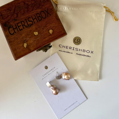 Square Brushed Silver Studs with Rose-Champagne Pearl Drops