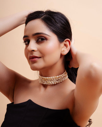 Golden Aura – Six Layered Light Gold Pearl Choker Necklace