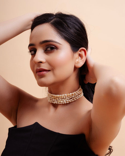 Golden Aura – Six Layered Light Gold Pearl Choker Necklace