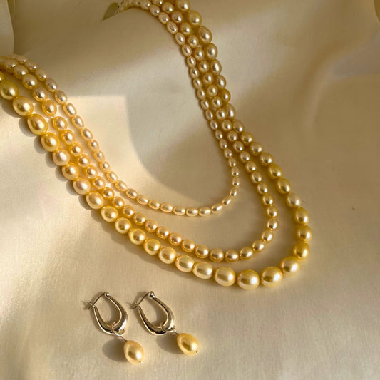 three-layered Golden Pearl necklace Set- CherishBox