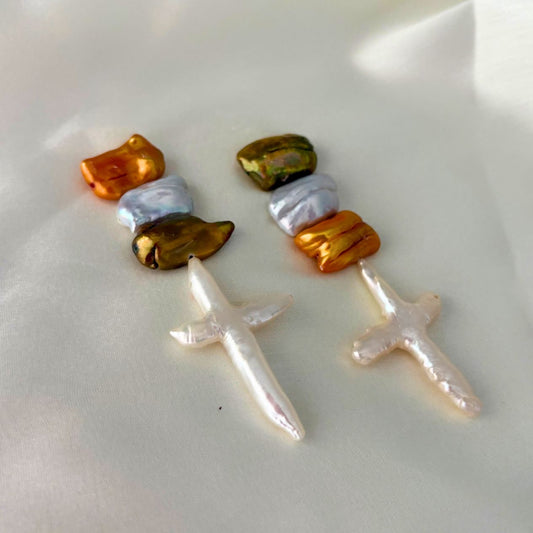 Cross Biwa Pearl Dangler Earrings