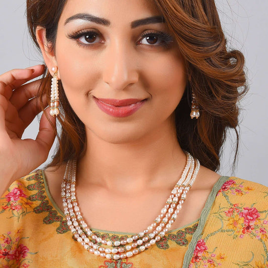 Chic Rage – Three Strand Pearl Necklace with Earrings
