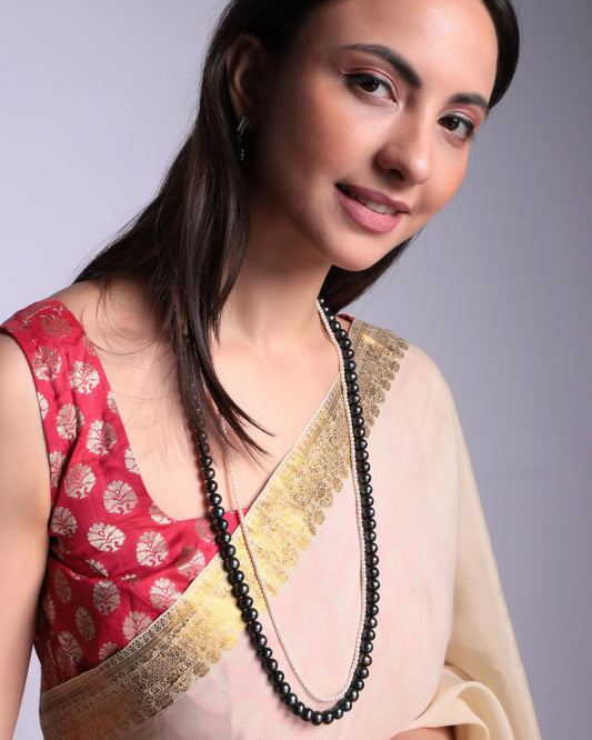 Two-Layer Black & White Freshwater Pearl Necklace – Elegant Long Pearl Strand for Festive & Contemporary Wear