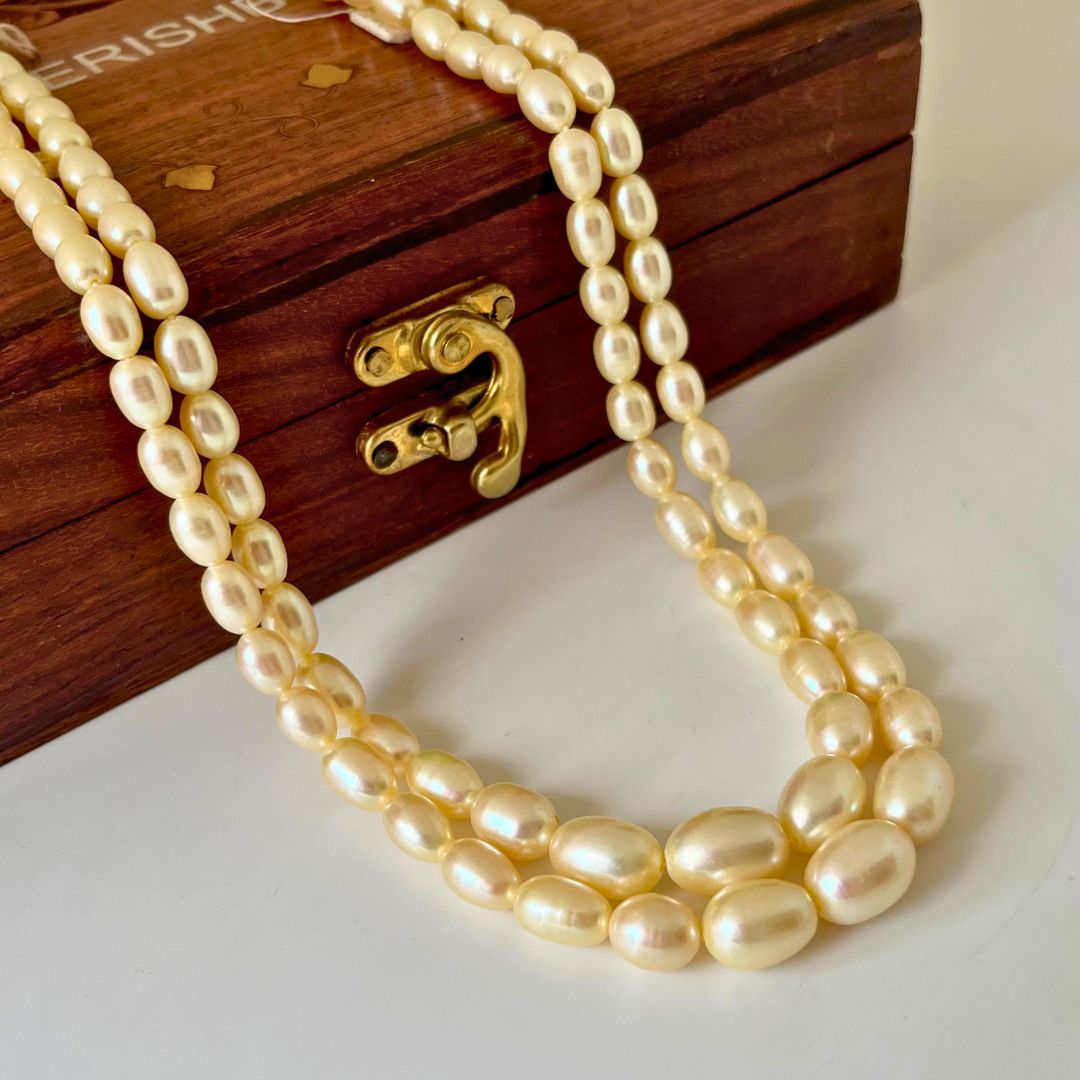 Vintage Gold Graded Two Layer Oval Pearl Necklace ( Premium Quality)