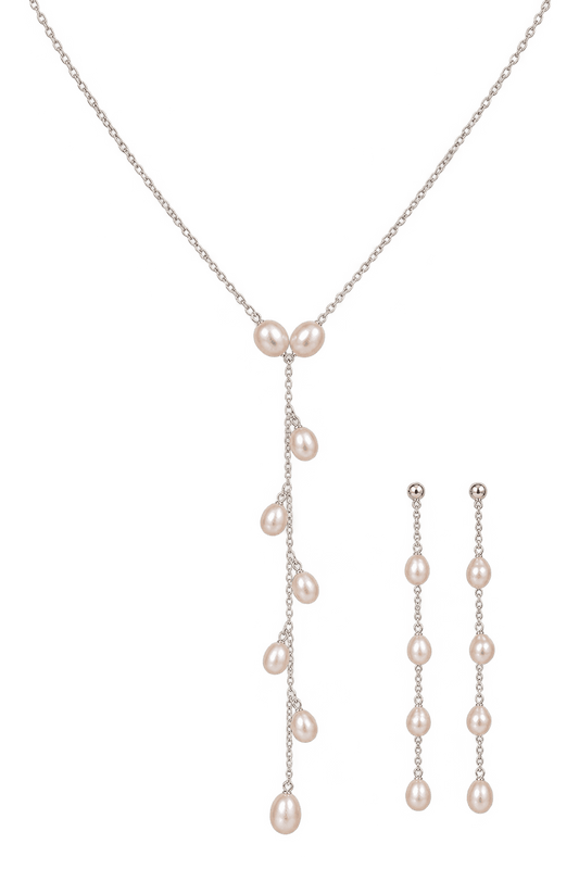 Vine Lariat Set: 92.5 Silver and Pearl Beaded Set - CherishBox