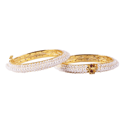 Adjustable White Pearl Bangle in Gold Tone- CherishBox