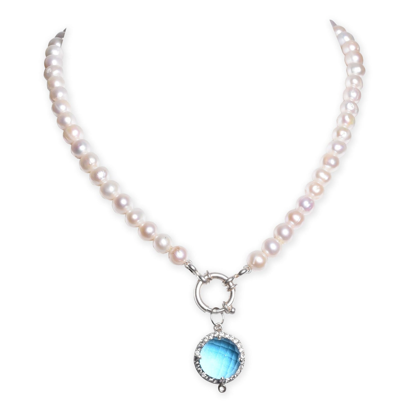 The Blue Ocean - Pearl Necklace with Blue Stone