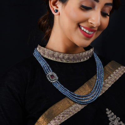 Peacock Beads- Midnight Blue Pearl Necklace with side Sodalite Broach - CherishBox Real Pearl Jewellery