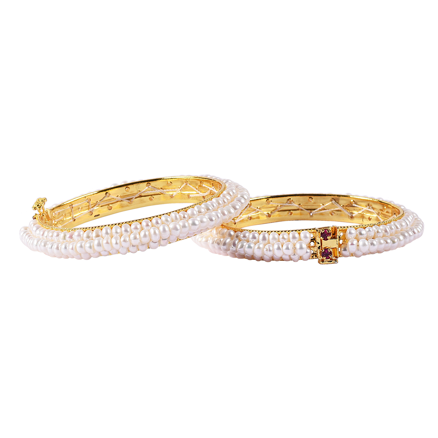 Snow White 3 layer Gold Tone Pearl Bangles with Adjustable Lock