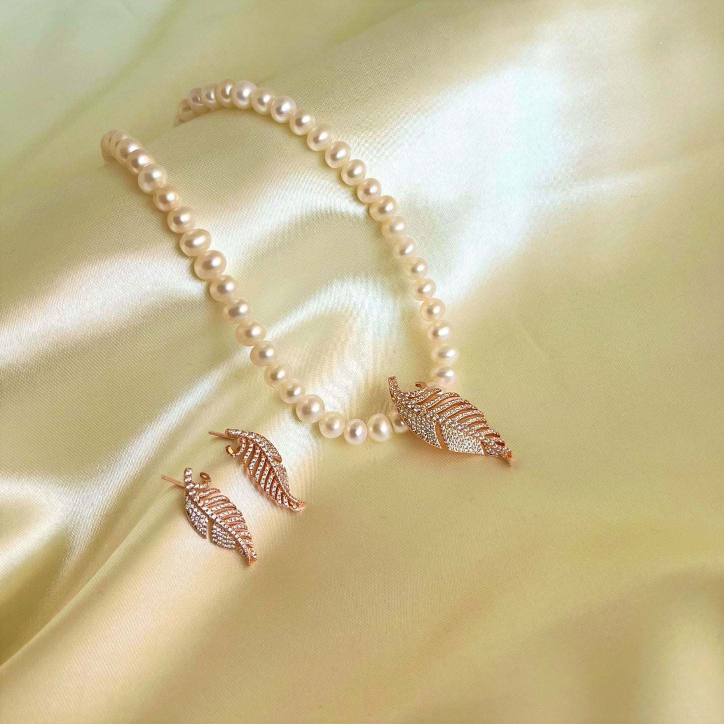 Rose Gold Sterling Silver Leaf Pendant Set Real Pearl Necklace- CherishBox