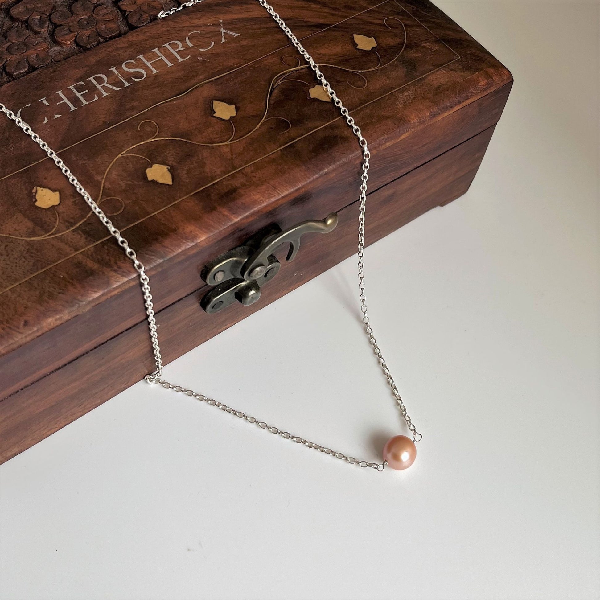 Millennial Peach Single Pearl Silver Necklace - CherishBox