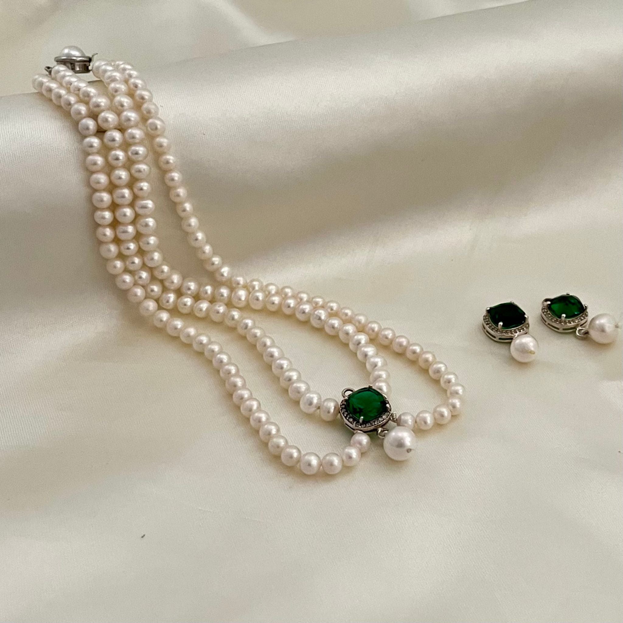 Elegant 3 line Real Pearls Necklace Set MN9900 » Buy online from ShopnSafe