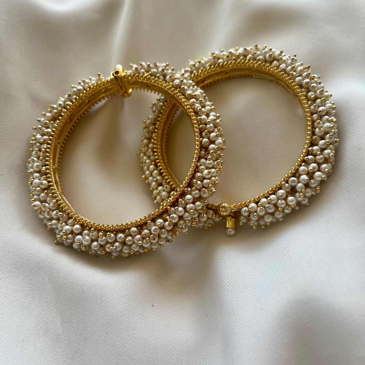 Milky White Gold Tone Real Pearl Bangles with Adjustable Lock