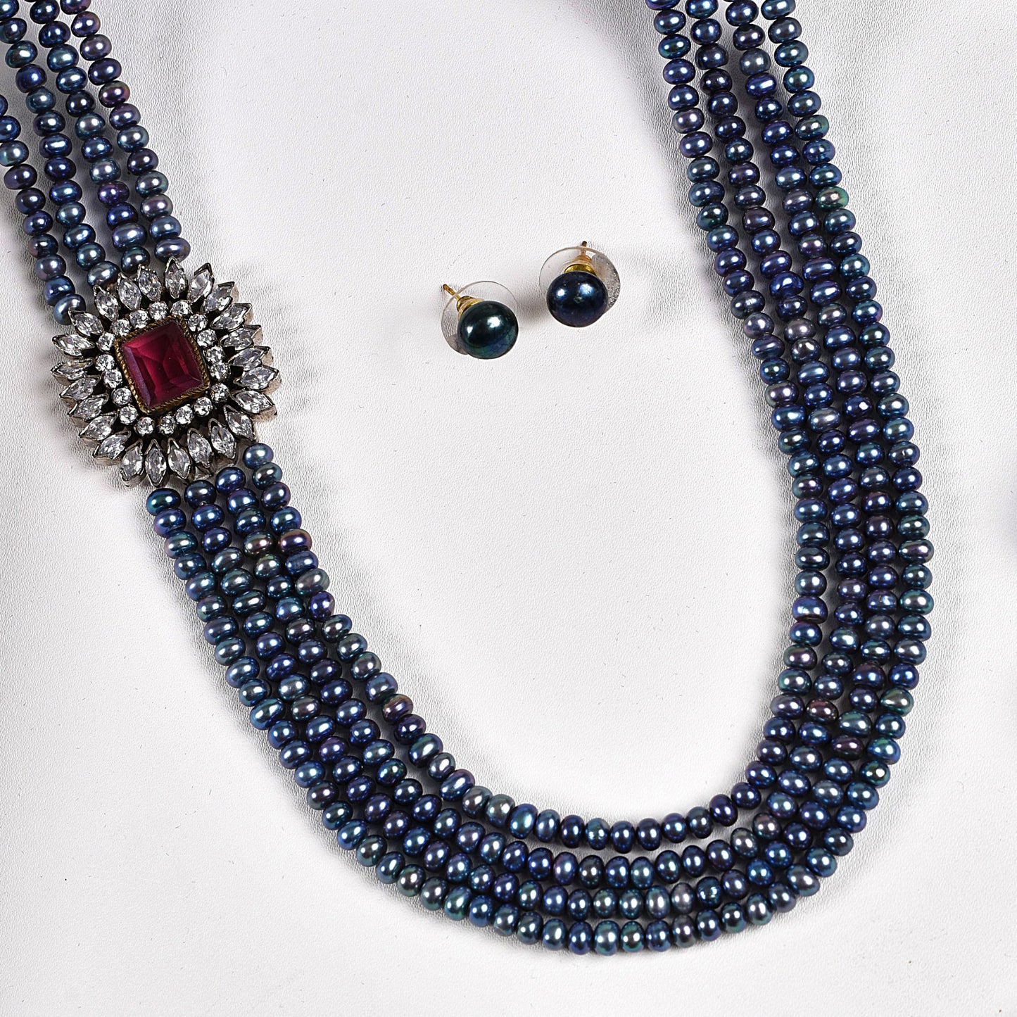 Peacock Beads- Midnight Blue Pearl Necklace with side Sodalite Broach